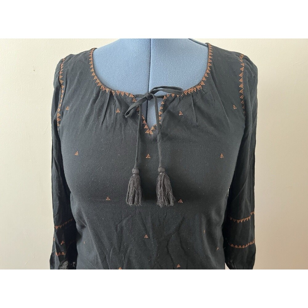 Madewell Black Mini Dress Embroidered Festival Tassel Boho Puff Sleeve S - Picture 6 of 7